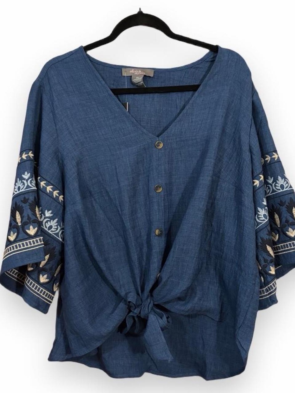 Blue Embroidered V-Neck Tie-Front Blouse